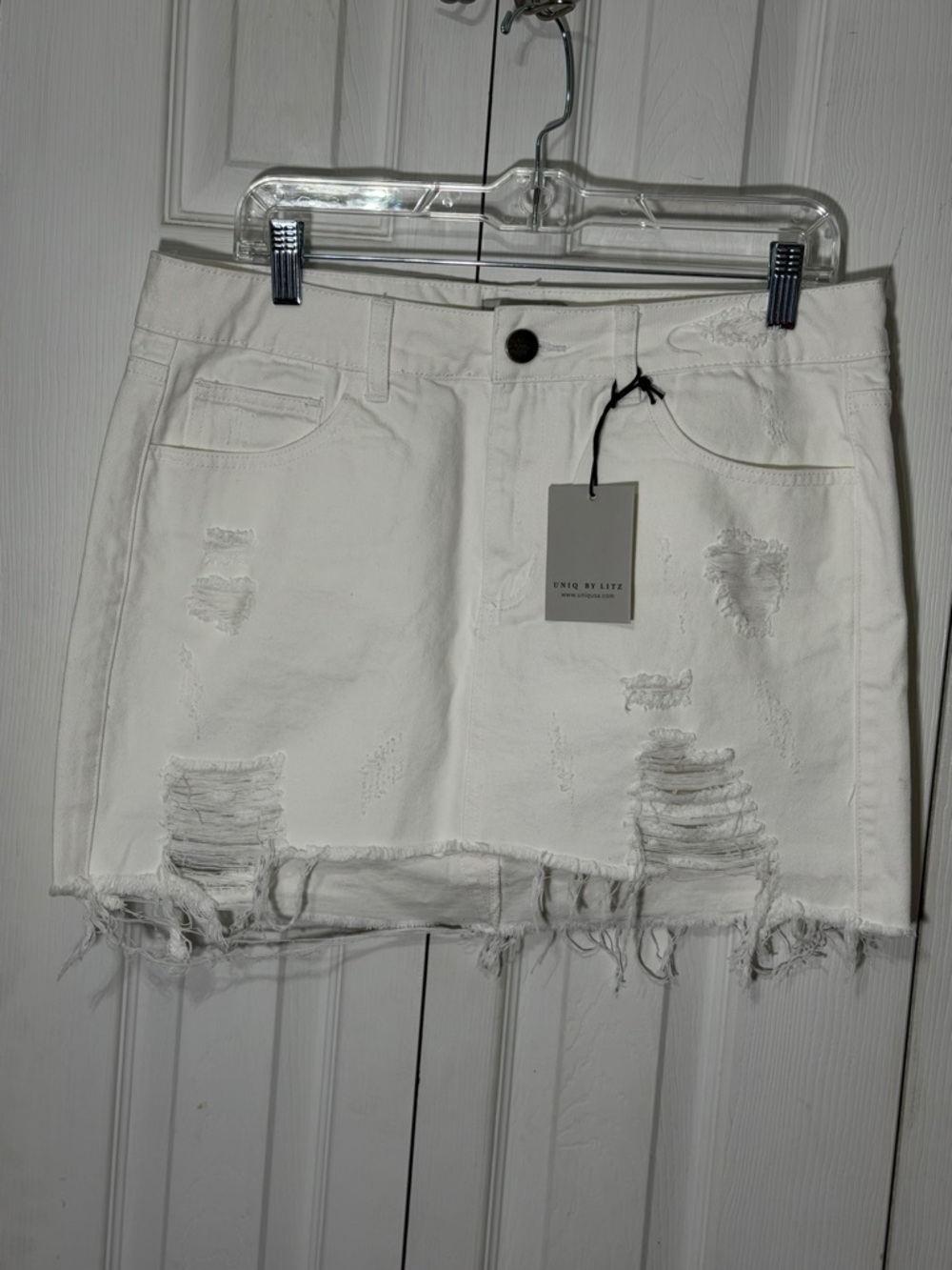 Uniq By Litz White Distressed Denim Mini Skirt